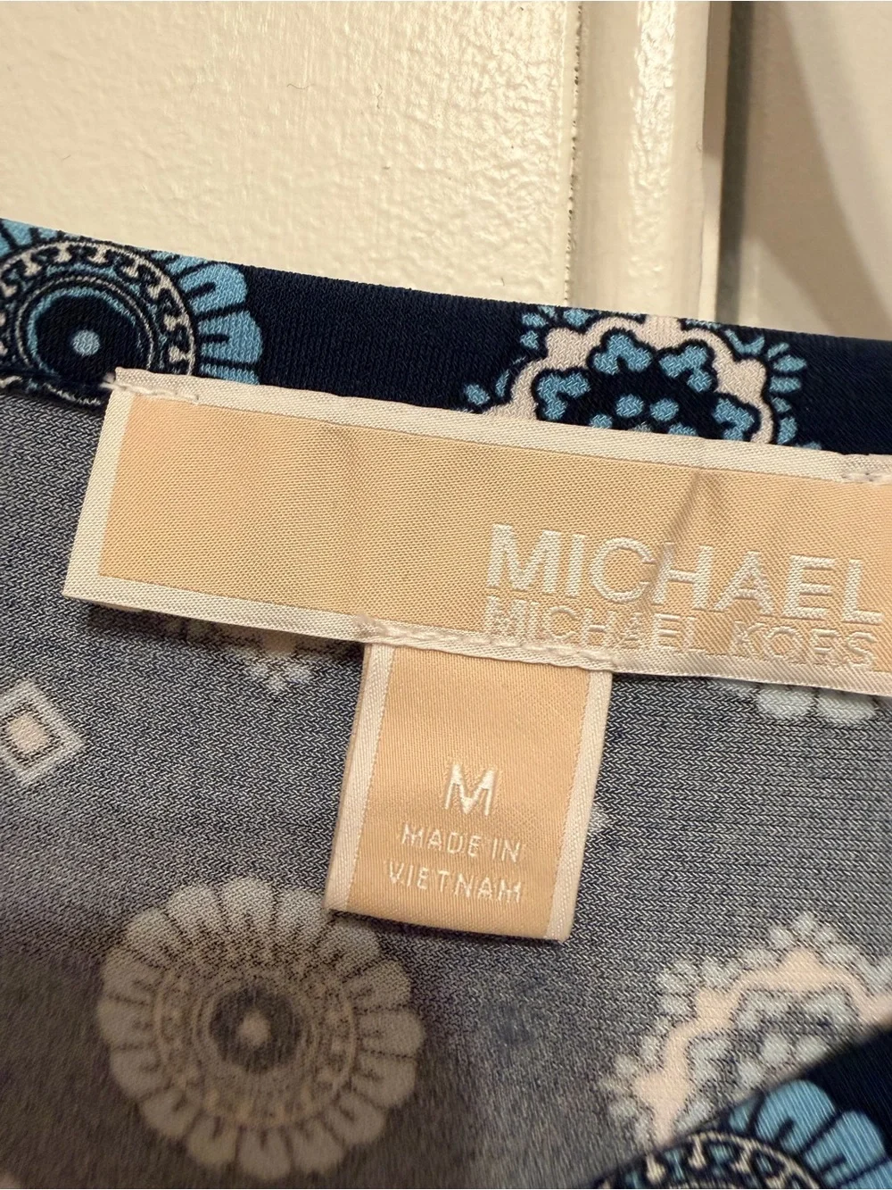 Michael Kors Navy and Light Blue Printed Long-Sleeve Shift Dress